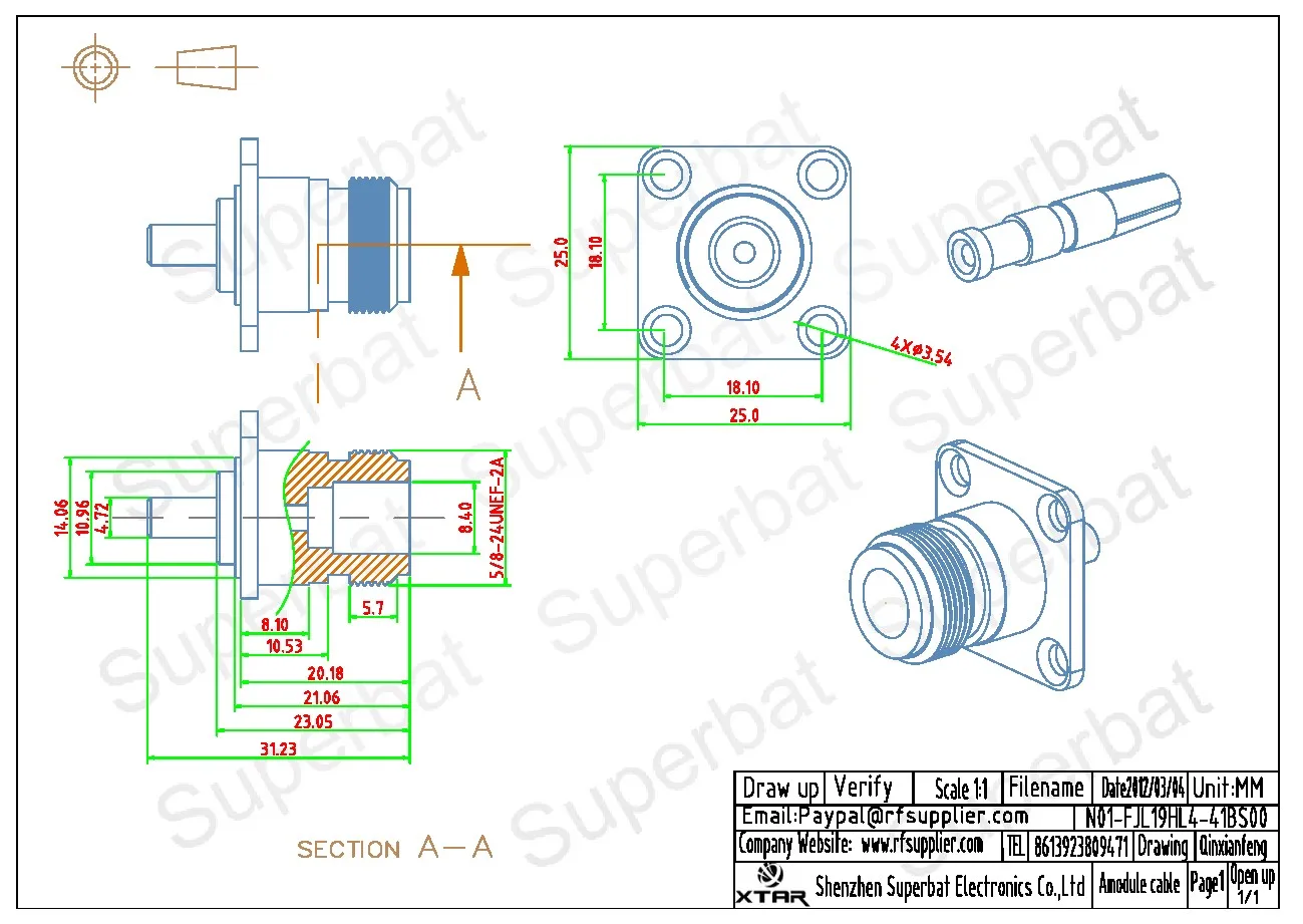 Superbat-Conector de antena Wifi Coaxial RF, engarce de montaje en Panel de 4 orificios, 10 piezas N, hembra, para Cable RG58, RG142, RG400, LMR195