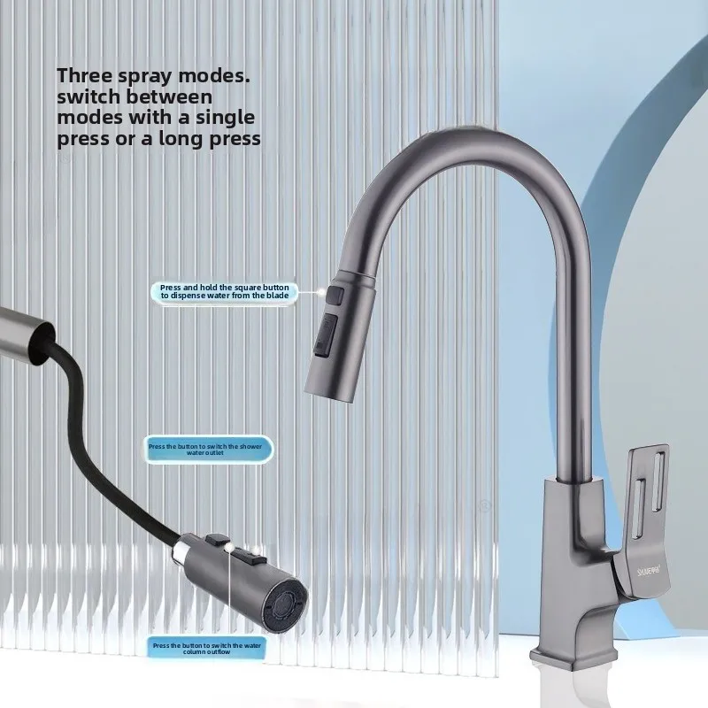 for universal rotating pull out kitchen faucet all copper retractable hot and cold water sink washer bowl tap with flexible