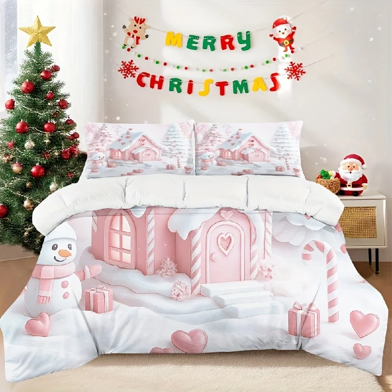 ensemble-de-couette-imprime-de-noel-3-pieces-bonhomme-de-neige-rose-literie-romantique-maison-en-pain-d'epices-d'hiver-design-doux-decor-de-chambre-a-coucher-motif-cœur
