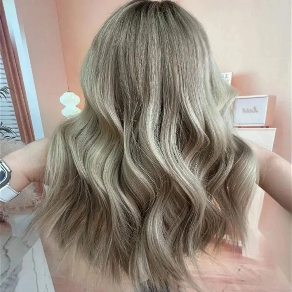 Balayage Ash Blonde Short Wig Highlights Heat Resistant Synthetic Fiber Realistic Look Rooted Lace Front Wig Free Part Wavy Hair