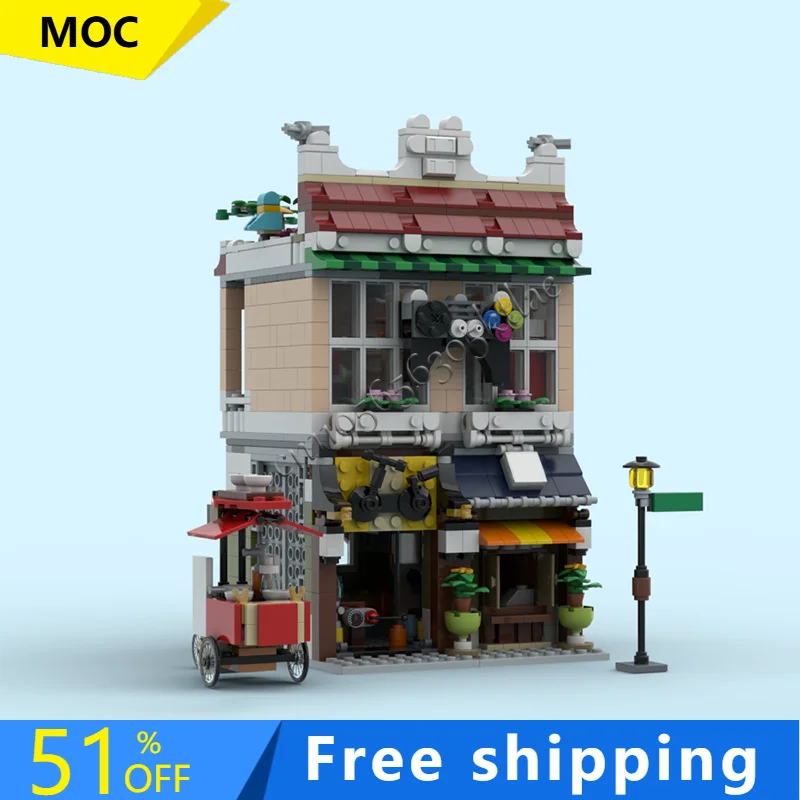 

Новый 1080 шт. аркадный и велосипедный ремонтный магазин, строительный блок, ретро архитектурная модель, дисплей, игрушка, детская сборка, популярный подарок на день рождения