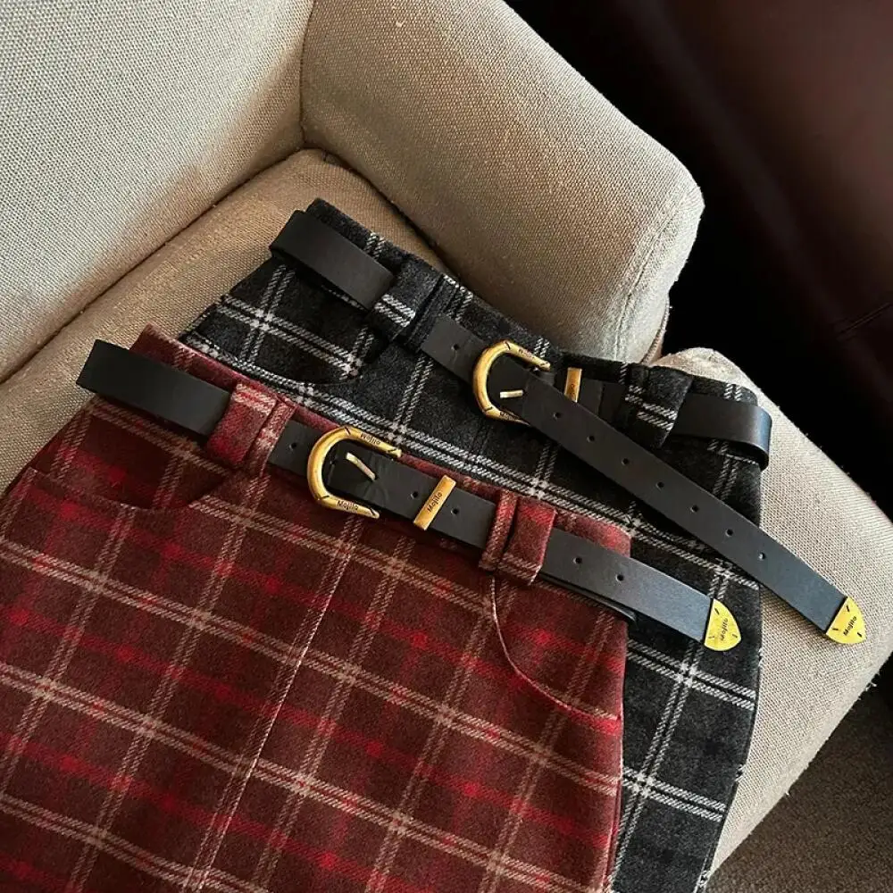 Women's High Waist Tartan Mini Skirt Wool Blend Fabric, Ruffled Lace Trim, Detachable Belt, A-Line Plaid Skirt