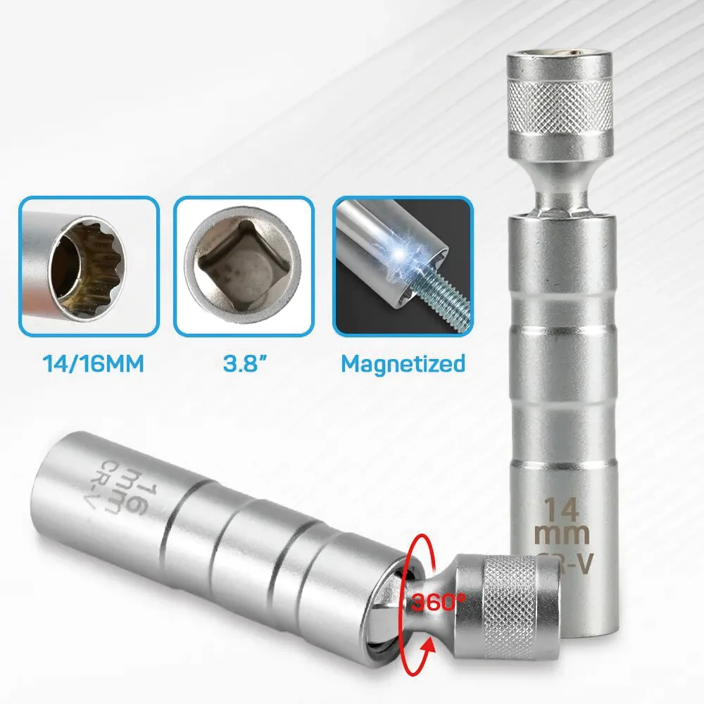 Spark Plug Socket Wrench Adapter Grupo Junta Universal com Tomada Magnética Flexível Parede Fina Drive Car Repair Tool 14 mm 16 mm