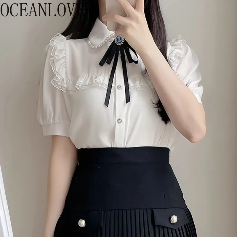 

OCEANLOVE Women Shirts&blouses Ruffles Spring Summer Palace Style Sweet Blusas Mujer Korean Fashion Bows Vintage Camisas
