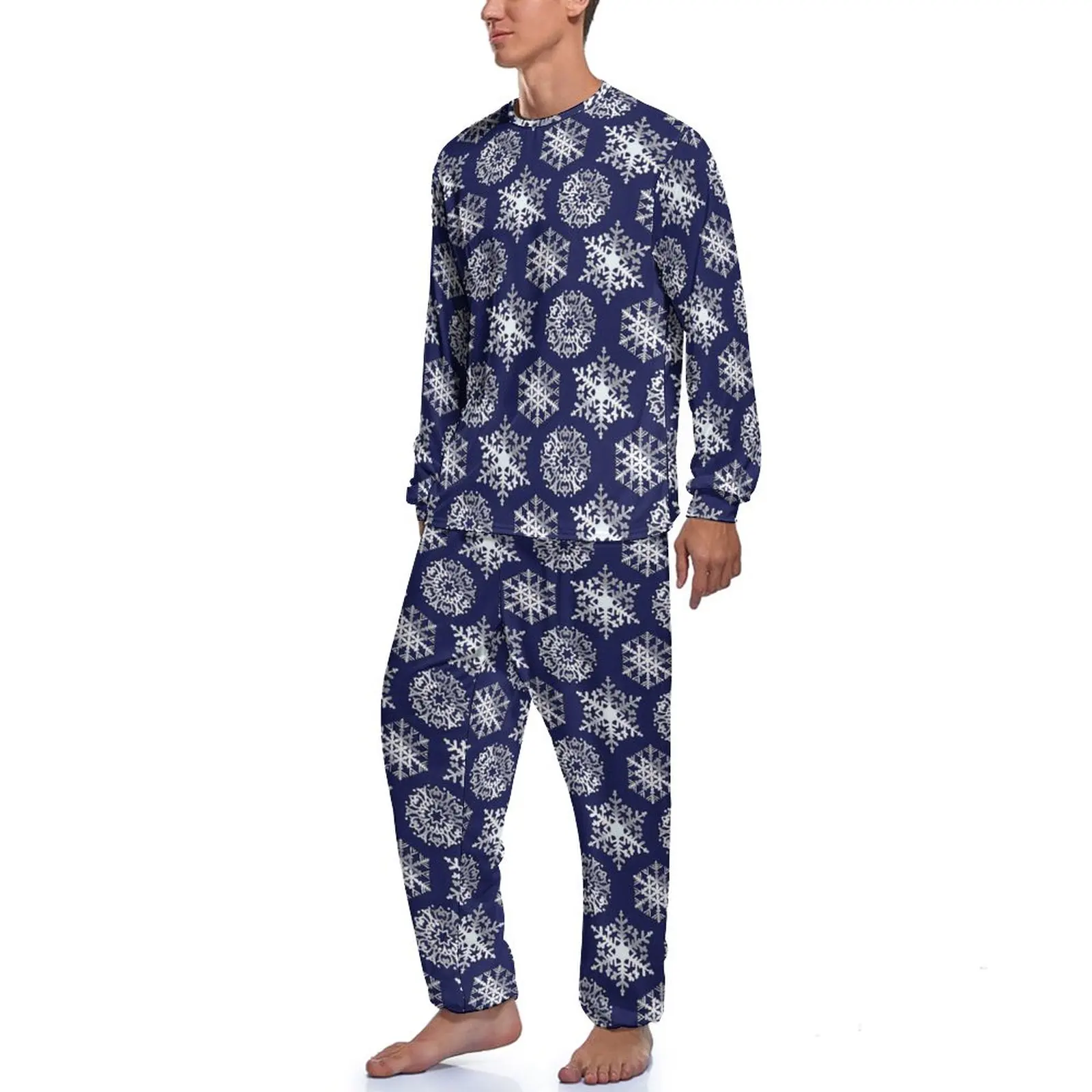 Floco de neve impressão pijamas azul e branco homem mangas compridas adorável conjuntos de pijama 2 peça quarto design diário casa terno presente aniversário