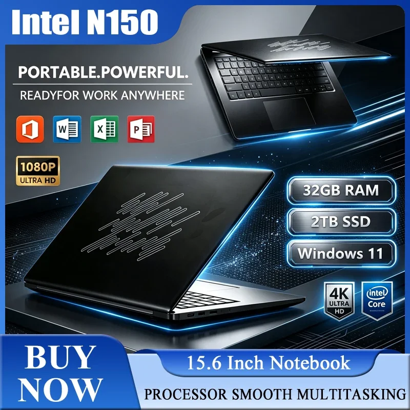 New 15.6'' Laptop Intel Core N150 32GB 2TB Gaming PC Ultra Slim Office Study Computer PC Windows 11 Pro 1920*1080 HD