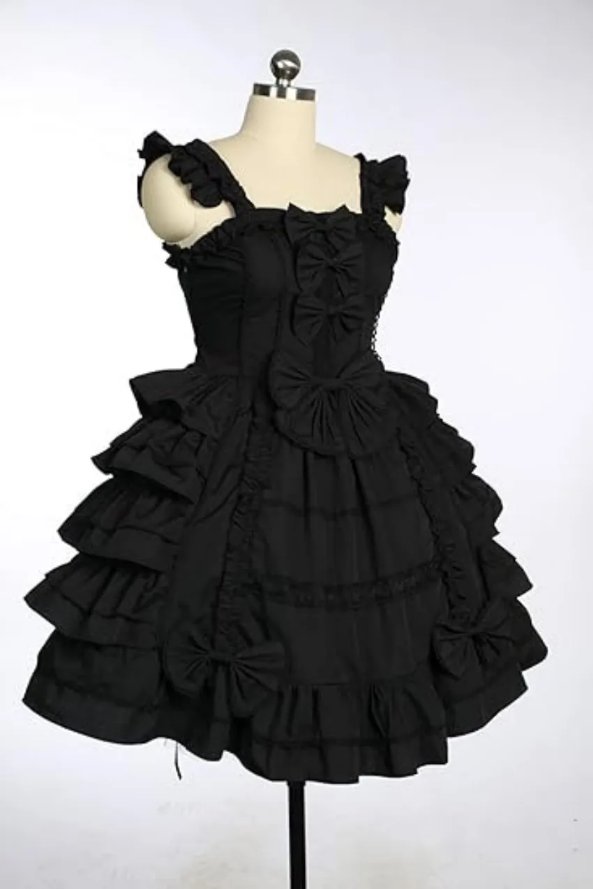 Милое и сексуальное черное многослойное кружевное платье с бантом в стиле Сисси Лолита, платье принцессы без рукавов, косплей по индивидуальному заказу