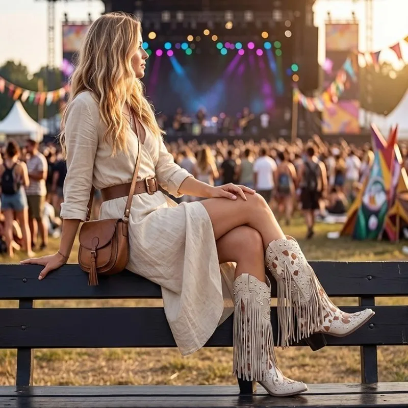Women Anti-slip Rhinestone Shoes Fringe Knee High Western Ankle Boots 2026 Pointed Toe Big Size Block Heel Pull-On Cowgirl Boots