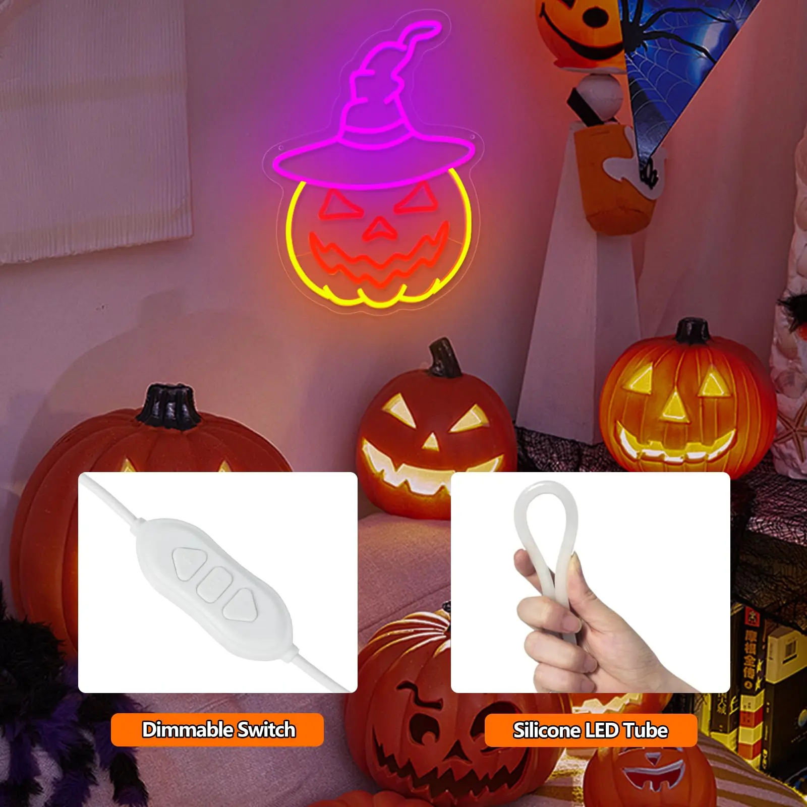 Insegna al neon di Halloween Cappello da strega Zucca Alimentazione USB con interruttore dimmerabile Zucca per portico Bar Finestra Camera da letto Sfondo festa