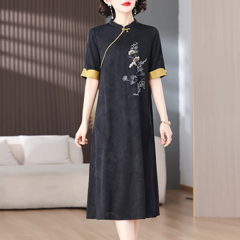 

2024 Black Patchwork Print Natural Silk Midi Dress Women Korean Vintage Causal Dress Summer Elegant Bodycon Office Lady Dresses