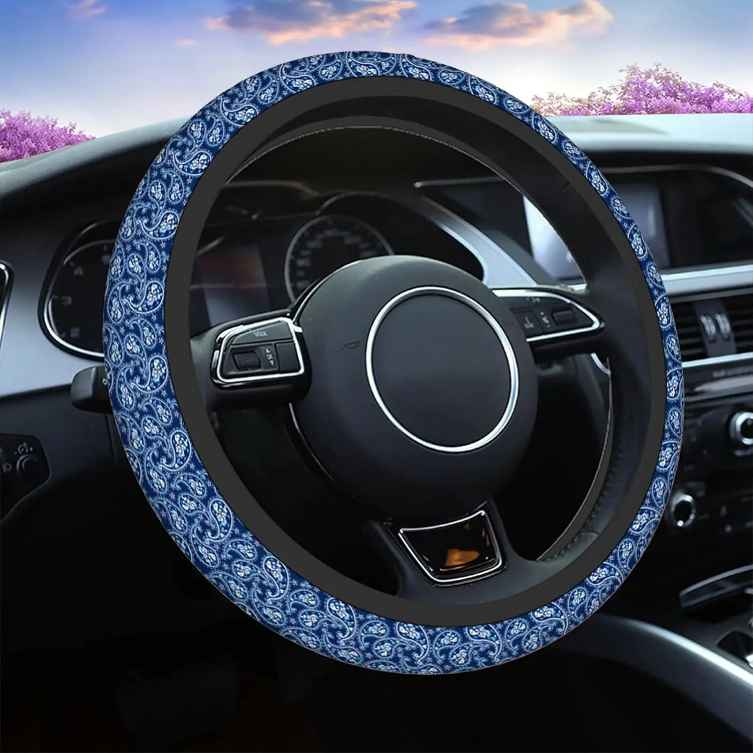 Paisley Blue Car Steering Wheel Covers Retro Blue Paisley Pattern Women Men Interior Accessories Universal 15 Inch Steerin