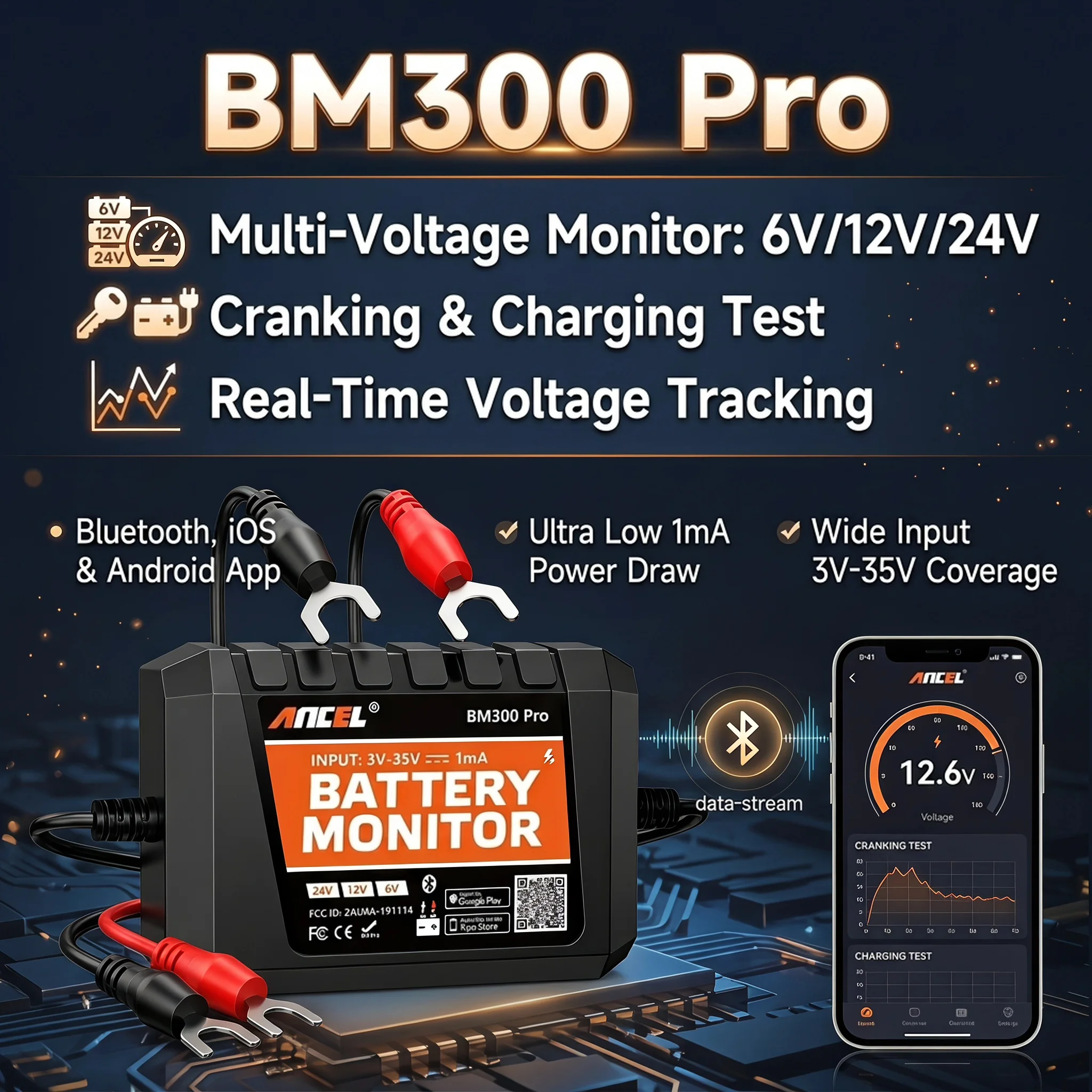 2026 Neuer ANCEL BM300 Pro 6V/24V/12V Batterietester Batteriemonitor SOC Batteriezustandsanalysator für iOS und Android