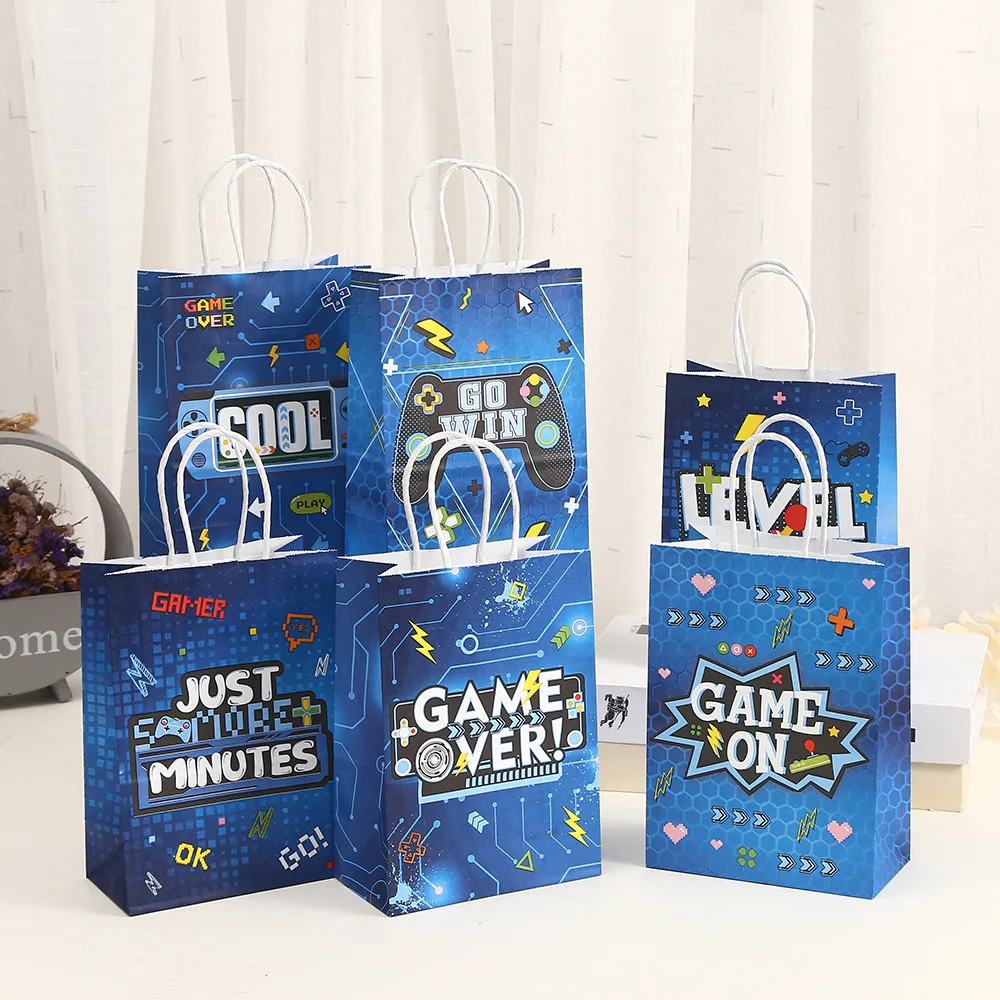 6Pcs Game On Paper Kraft Gift Packing Bags with Handle Candy Favor Bag Game Theme Birthday Baby ShowerParty Decor