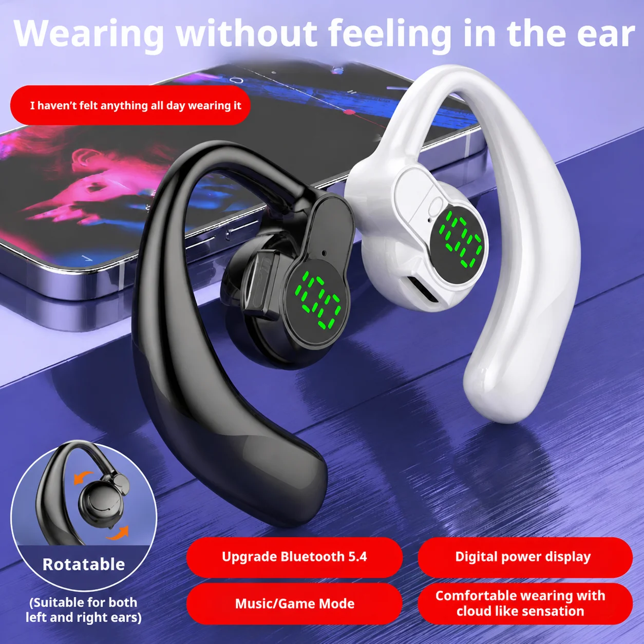 1/2Bluetooth 5.4 Earphones Single Ear Earhooks Noise Cancelling Sports Headphones 360° Rotatable Wireless Earbud with Microphone