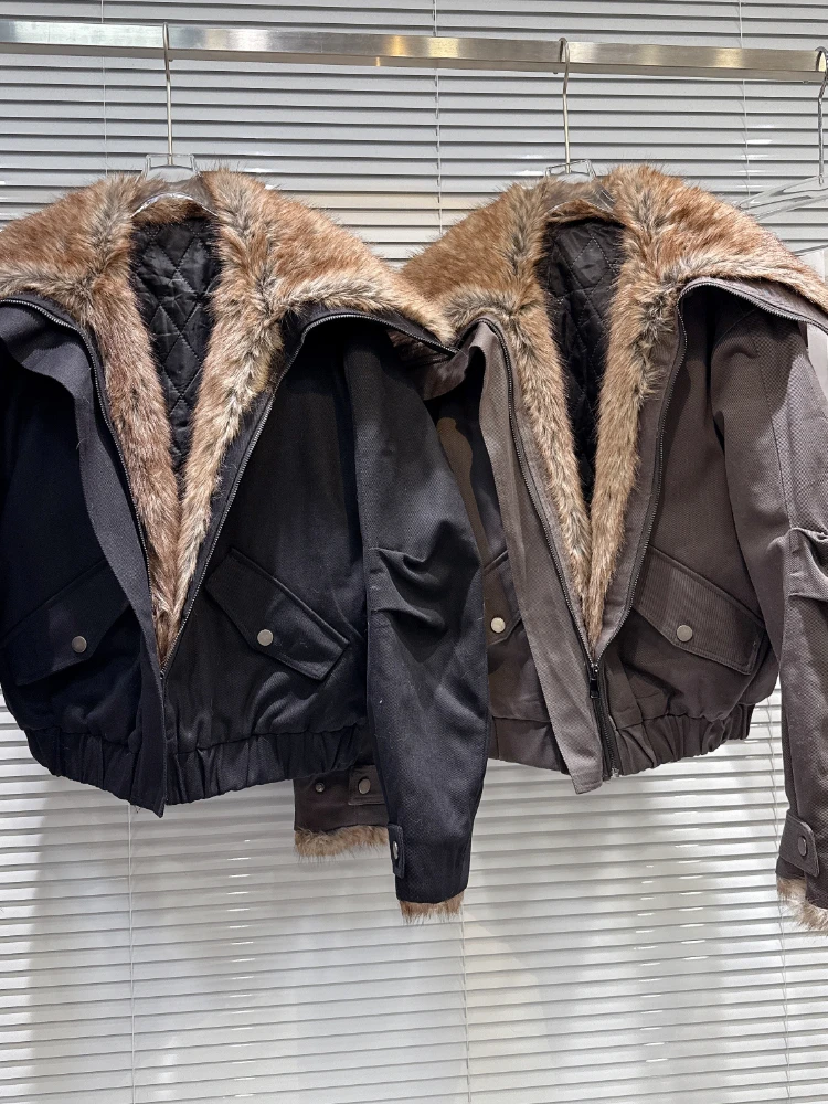 เสื้อแจ็คเก็ตยีนส์สั้นสไตล์เกาหลี Y2K วินเทจ แต่งปกขนเฟอร์เทียม สำหรับผู้หญิง ฤดูหนาว บุซับใน อุ่น สไตล์สตรีทแวร์ ทรงหลวม แฟชั่นเก๋ไก๋