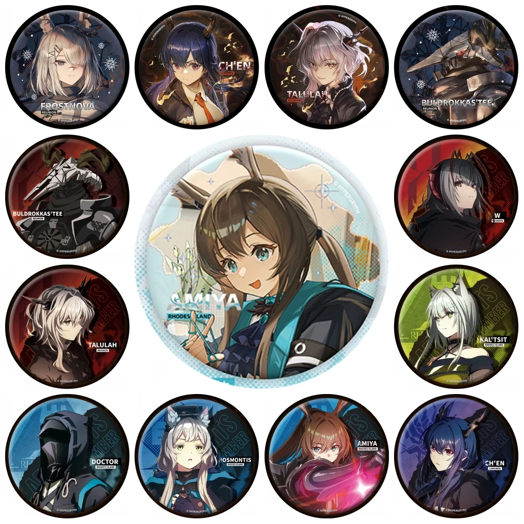 58mm 게임 Arknights Talulah Arutorias Amiya Rosmontis Buldrokkas'tee 코스프레 의상 배지 핀 SPTE Tinplate Brooch Prop Gilf