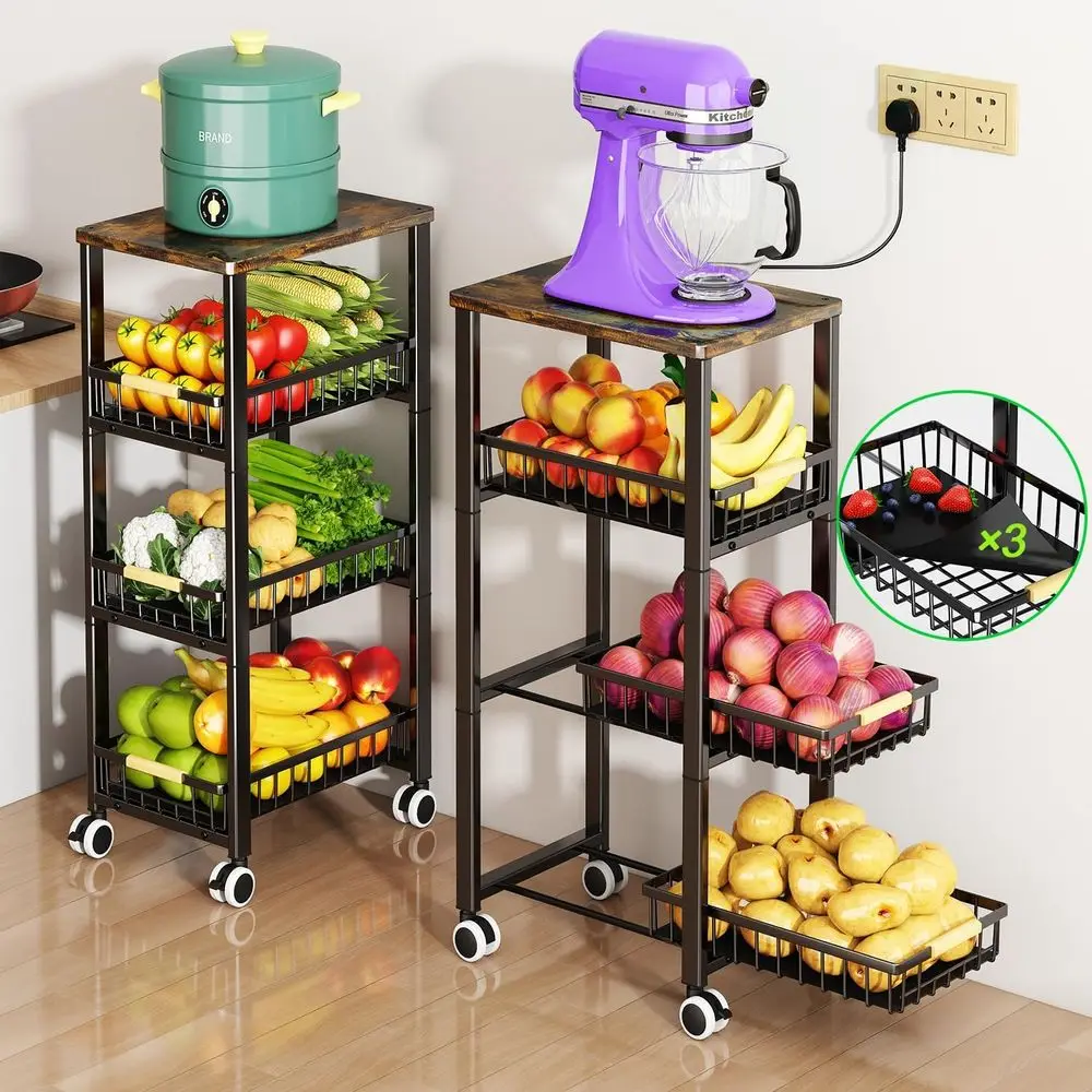 

4-Tier Pull-Out Wire Basket Storage Rack with Wooden Top, Bottom Mats, and Wheels for Kitchen Vegetables and Produce