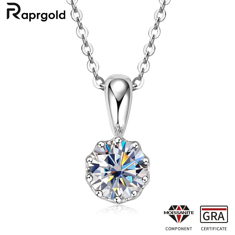 

RAPRGOLD 6.5mm 1ct Moissanite Crown Pendant Necklaces for Women Solid 925 Sterling Silver Chains Wedding Jewelry Gift Collares