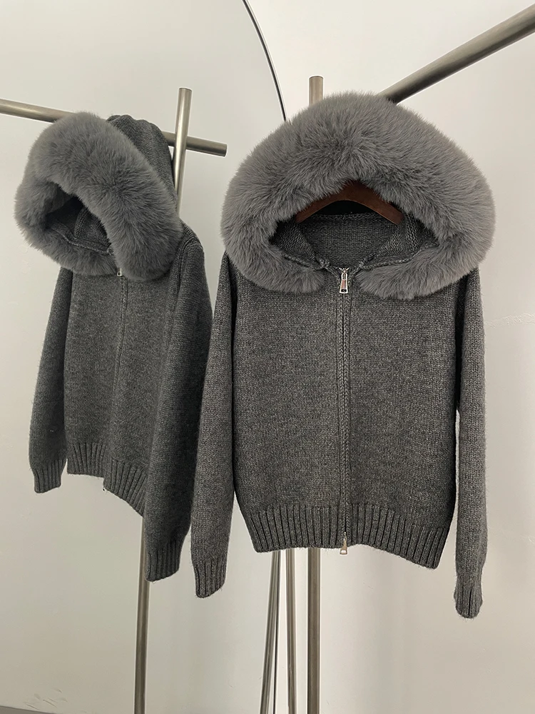 

Женское однотонное вязаное пальто из искусственного меха, модный свободный трикотаж, осенний свитер из искусственного меха 2022 года, женский кардиган большого размера с капюшоном