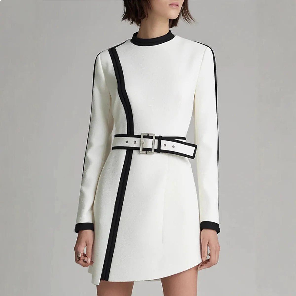 

Urban Women Round Neck Contrast Belt Long Sleeve Dress Dresses for Spring Summer