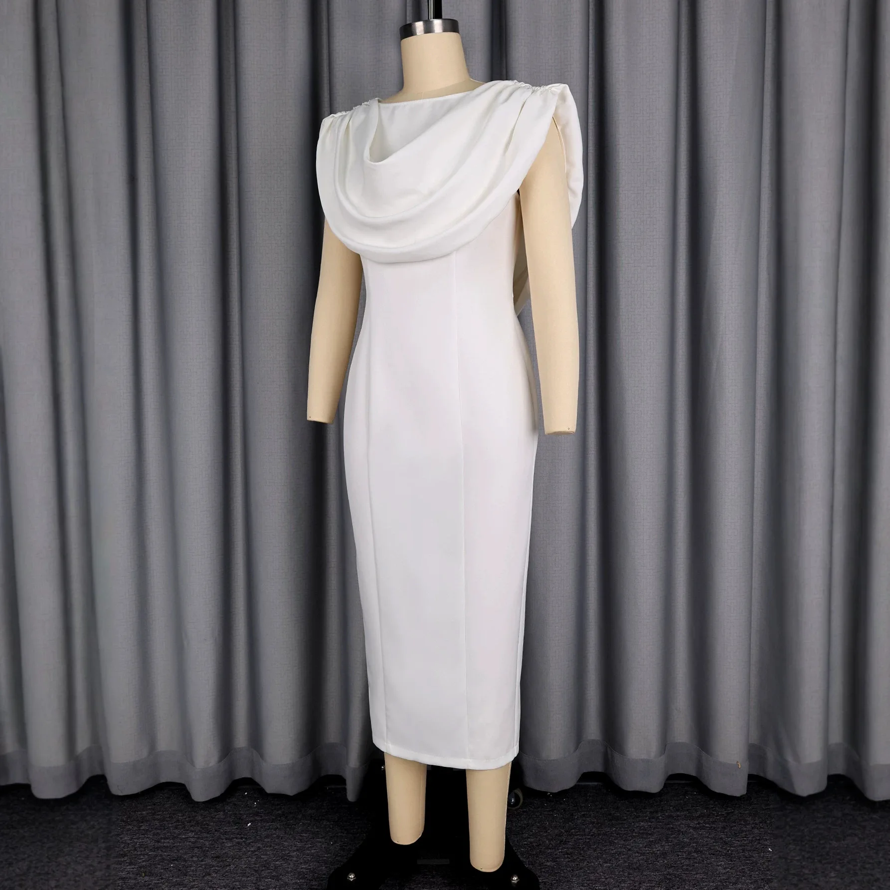 Plus Size Women's White Turtleneck Bodycon Sleeveless Ruffle Neck Waist Slim Fit Midi Dress Evening Dresses view 3