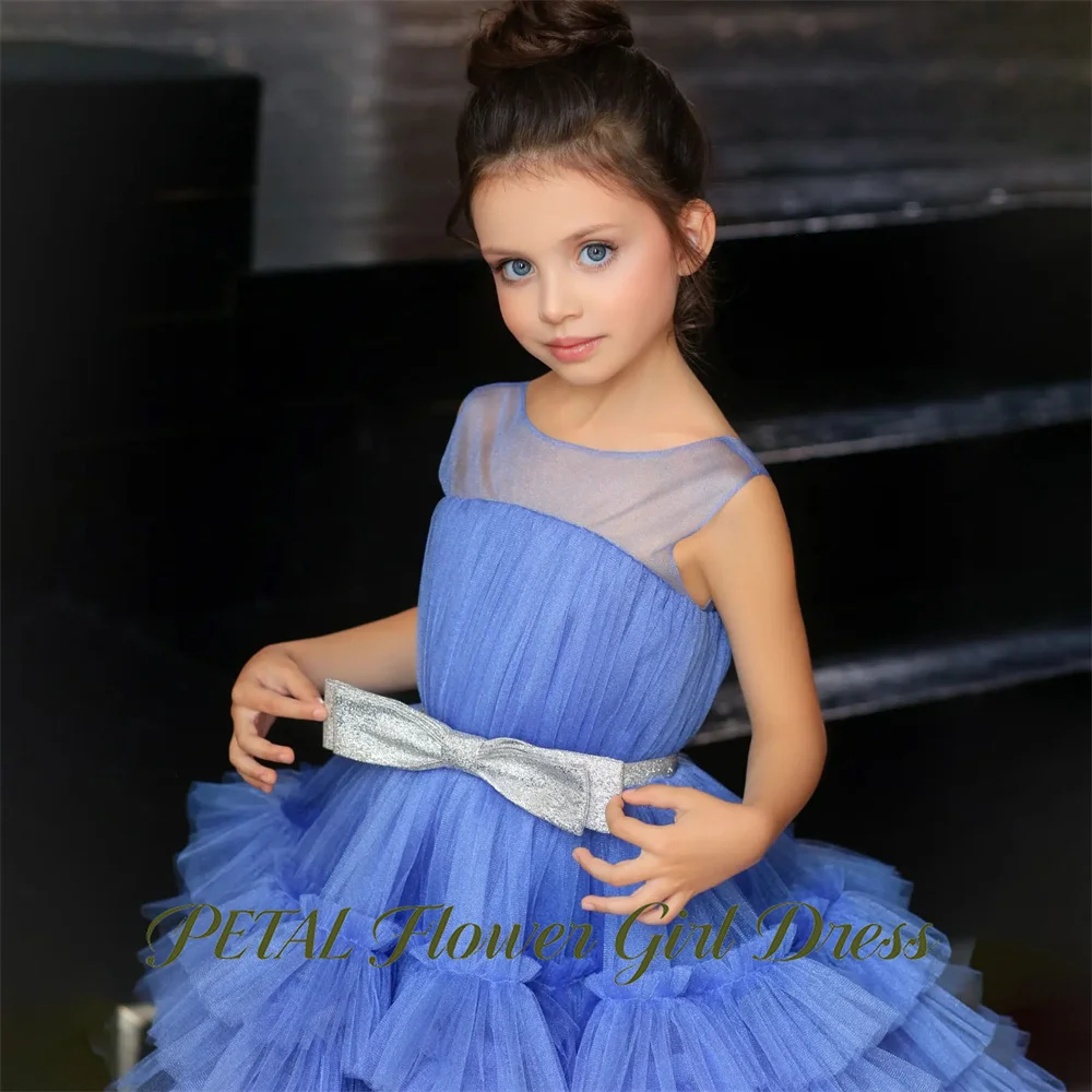Petal Blue Sleeveless Children Birthday Wedding Dresses Glitter Sash First Communion Gown Girls Princess Dress Customized