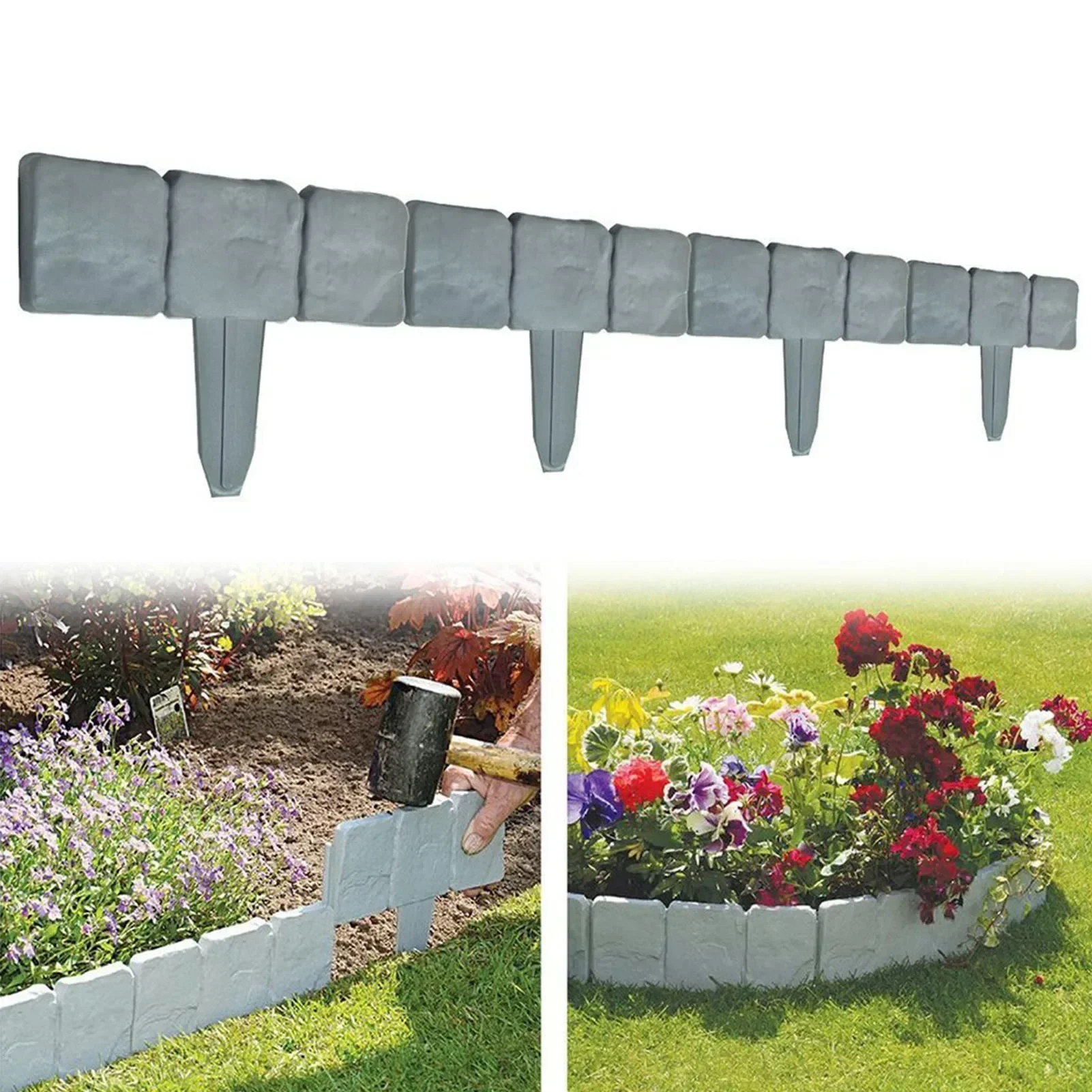 Gray 10pcs PVC Plastic Fence Lawn Grass Edging Plant Border Decorations Garden Cobblestone Stone Edging Flower Bed Border