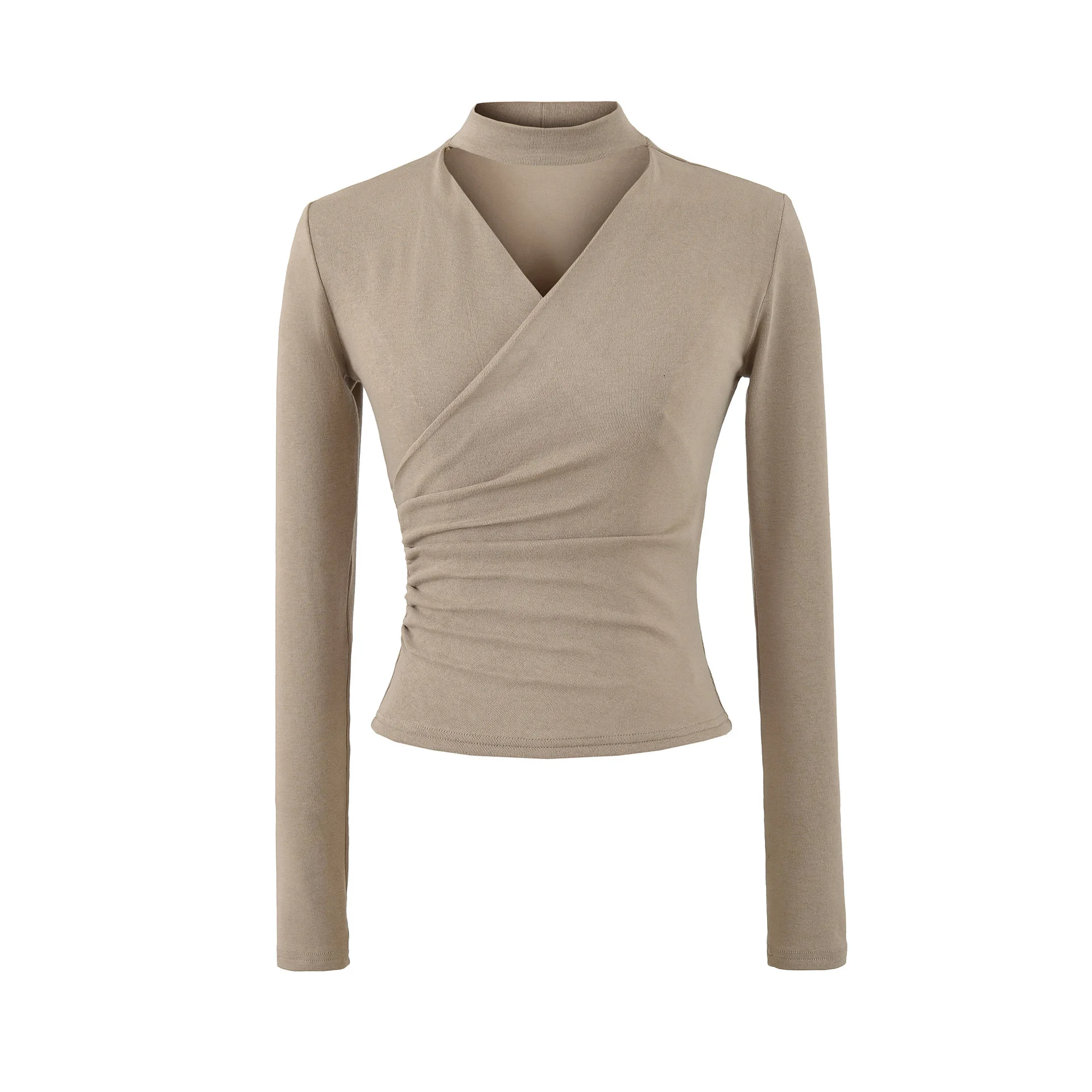 

New Casual Fashion Style Long Sleeved T-shirt For Woman Hollow Out Cross V-neck Ruched Waist Solid Color T-shirt Elegant XALN