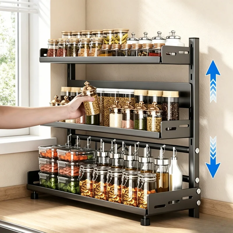 3-stufiges Verstellbares Gewürzregal, Metallregal für Arbeitsplatte & Schrank, Schwarzer Küchenorganizer