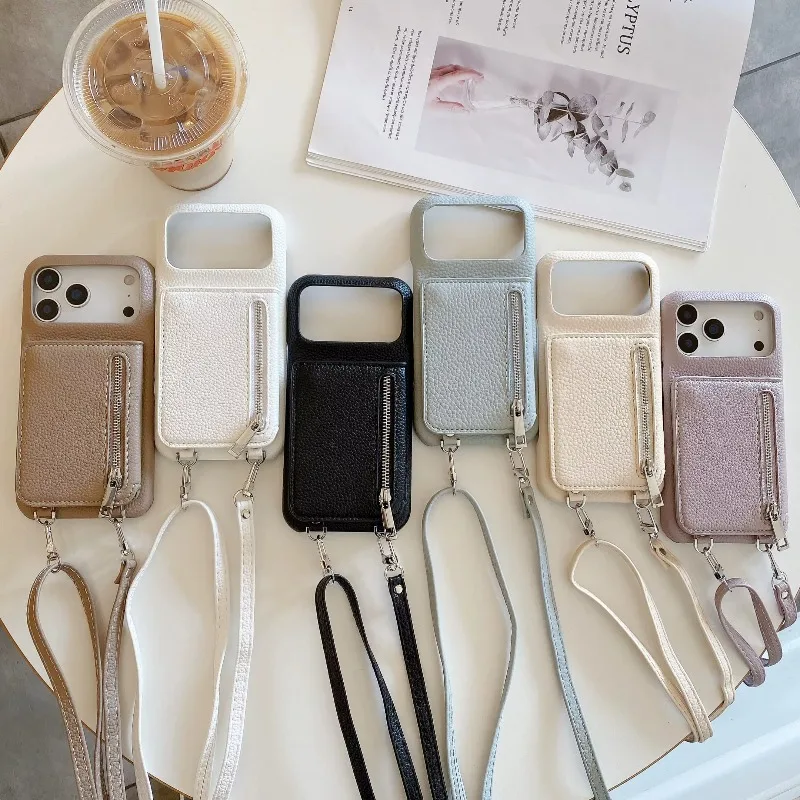 Cordão crossbody com zíper espelho carteira titular do cartão slot caso de telefone para iphone 17 ar 16 15 14 13 12 11 pro max 11 plus capa