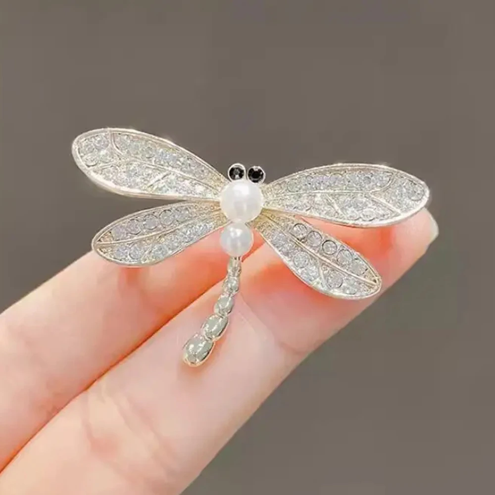 1Pc Fashion Silver Color Dragonfly Brooches Pins Women Rhinestone Pearl Insect Weddings Office Brooch Pins Jewelry Brooches