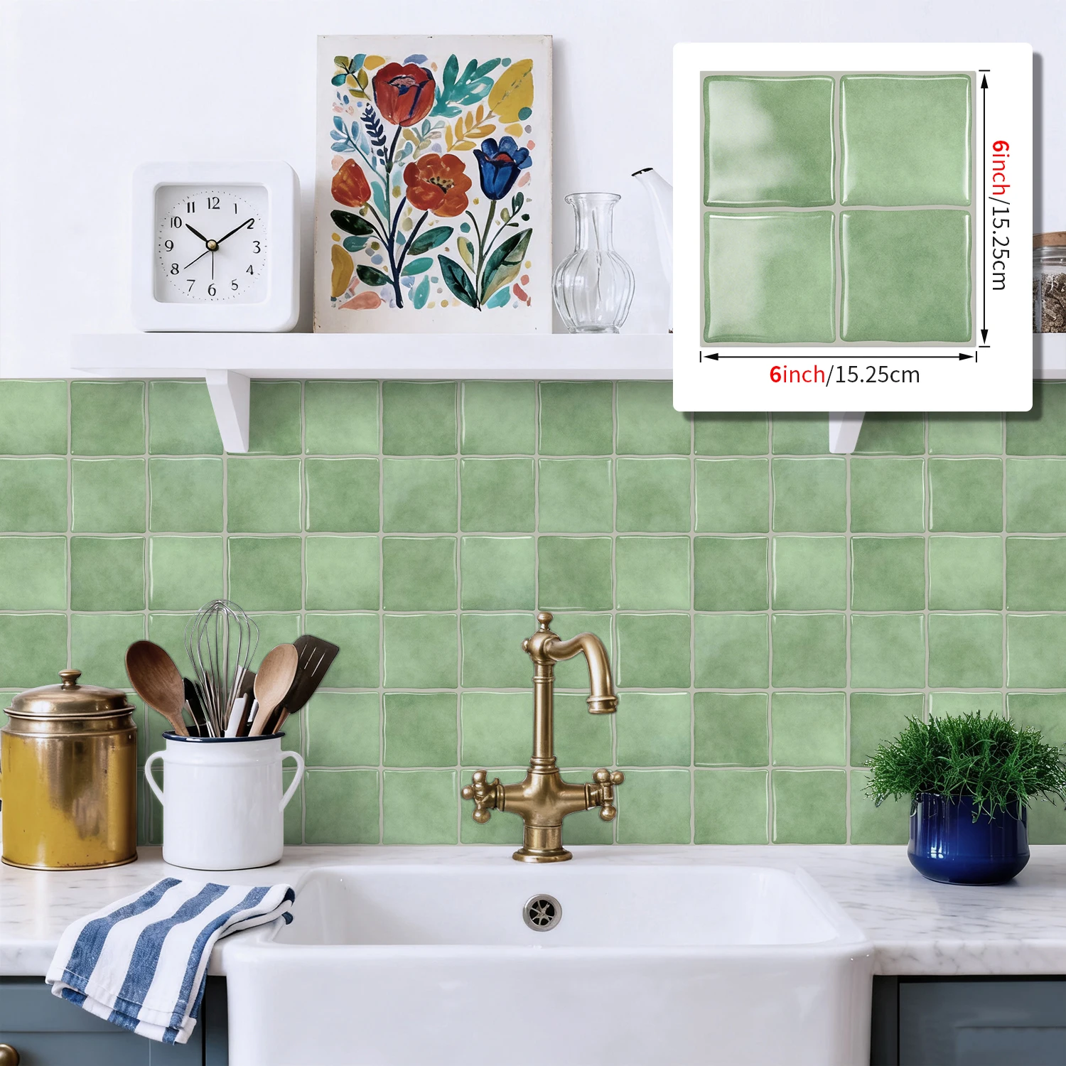 20pcs 3D self-adhesive imitation porcelain wall stickers, multi-color selection, checkered decorative patterns, 15.25*15.25cm