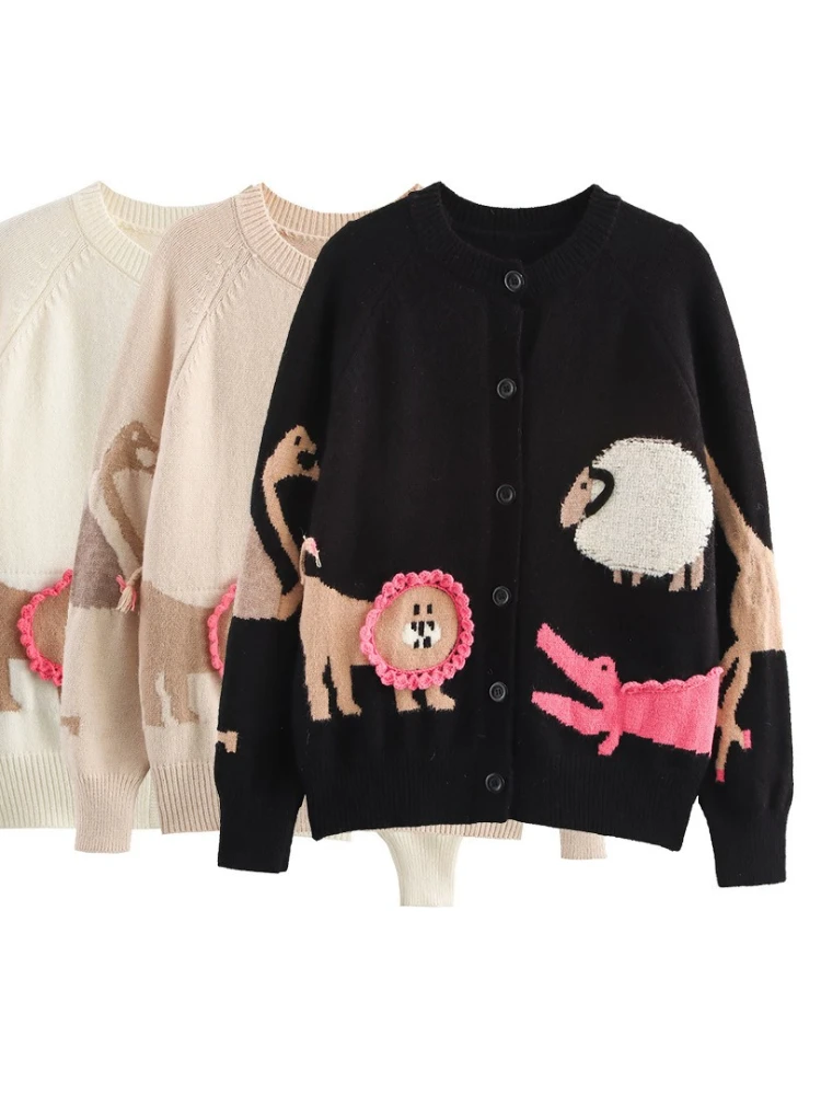 

Korobov Autumn Streetwear O Neck Long Sleeve Single Breasted Embroidery Jacquard Cartoon Loose Knitted Cardigan