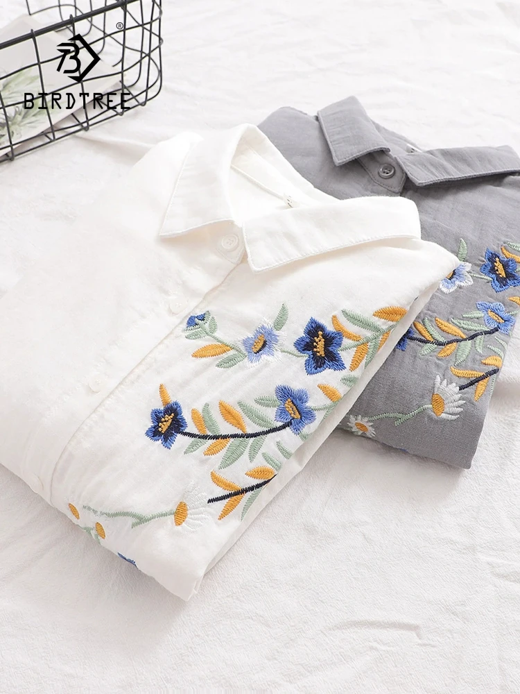 New 2026 Autumn Women Cotton Yarn Long Sleeve Shirt, Turn-down Collar Embroidery, Mori Girl Korean Soft Loose Blouse T69756CC