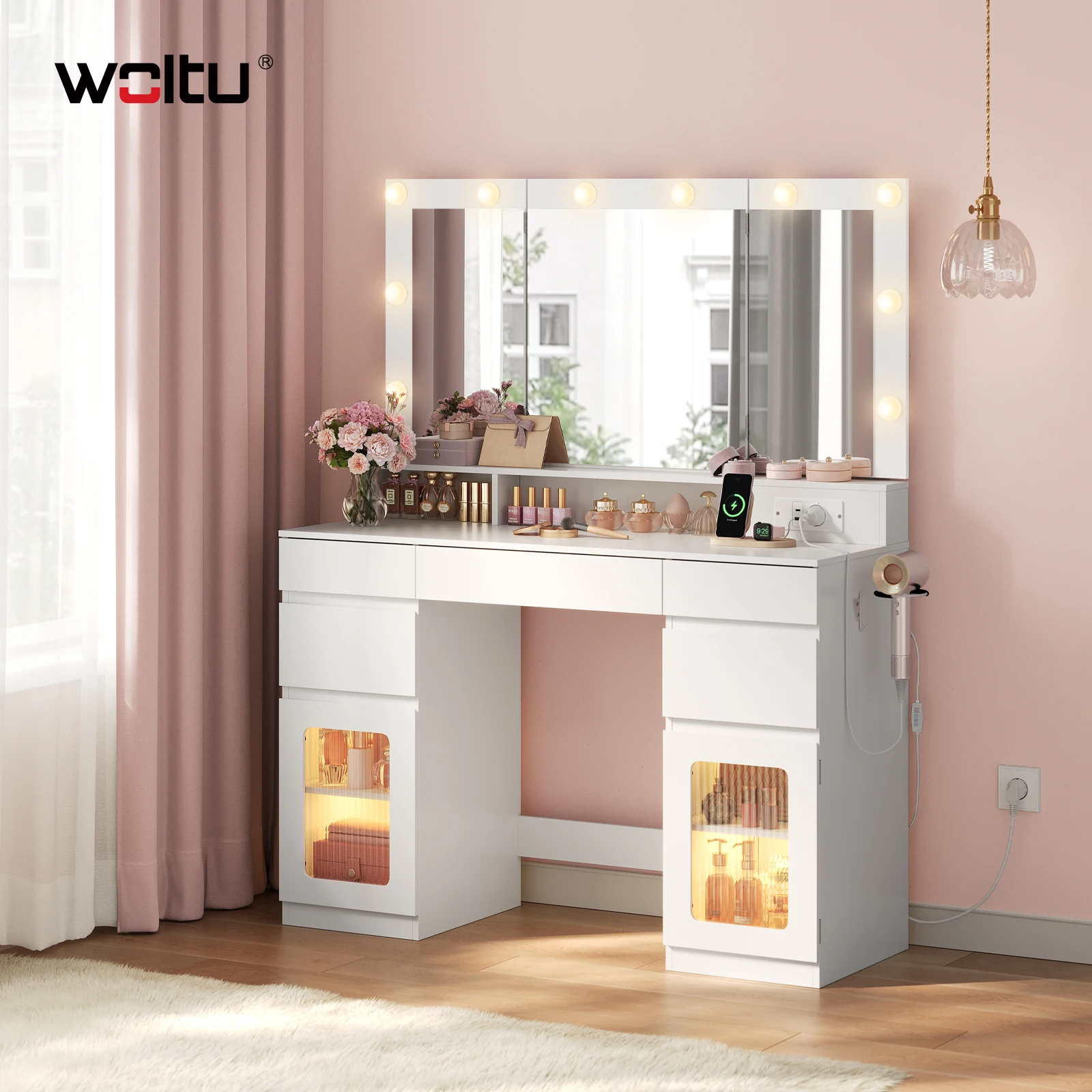 Tavolo da trucco WOLTU con 3 specchi pieghevoli e 10 luci a LED, con postazione di ricarica, 5 cassetti per la camera da letto.