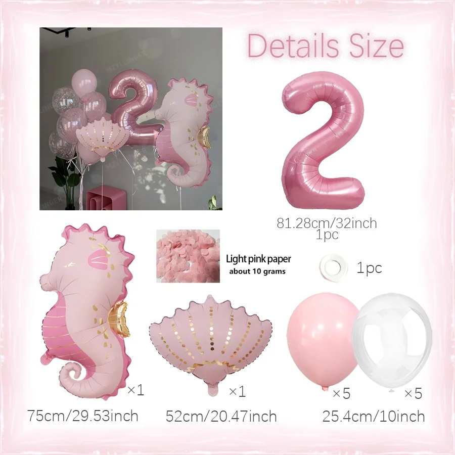 Ozean-Tierballon-Set Rosa Seepferdchen und Muschelförmige Ballons Rosa Zahlen 0-9 für Geburtstagsfeier Ozean-Themenparty Dekoration – Detail 2