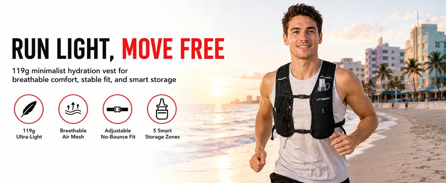 UTOBEST UTR112 Trailrunning-Weste, ultraleichter Trinkrucksack, atmungsaktiver Funktionsrucksack für Marathon, Radfahren, Wandern – Detail 1