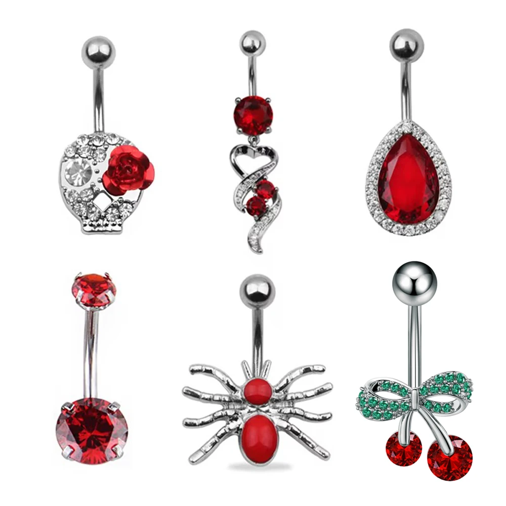 Red CZ Steel Navel Piercing Belly Button Rings Dangled 6 Styles 14G Earrings Piercing Ombligo Body Jewelry For Sexy Women Oreja