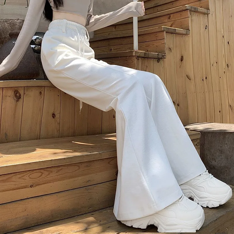 Filles concepteur taille haute pantalon évasé dame coréenne coupe ajustée pantalon décontracté femmes Chic cordon jambe droite pantalon