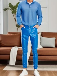 Men's hip lifting trendy leather pants, elastic slim fit trendy colorful tight fitting bar sexy blue leather pants