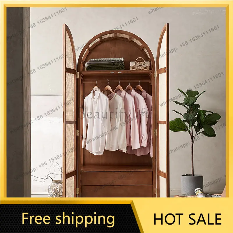 LD Nordic solid wood rattan storage cabinet Small apartment retro homestay vaulted dome storage wardrobe