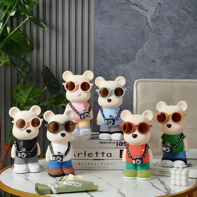 Jingdezhen Ceramic Travel Bear Figurine with Sunglasses & Camera, Cute Cartoon Statue, Home Living Room Table Decor,