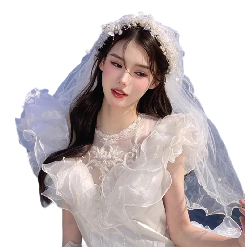 Y1UB Bride Tulles with Bowknot Decals Girl Veil with Flower Hairpin Wedding Tiaras