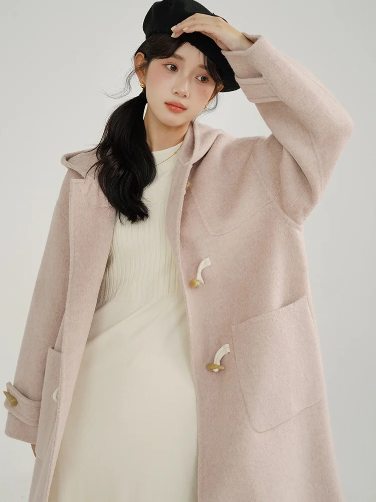 Sleepy Rabbit Double-Sided Woolen Coat Women's Winter Pink Hooded Short Tweed Jacket Sweet Style Online Exclusive Thickened L...