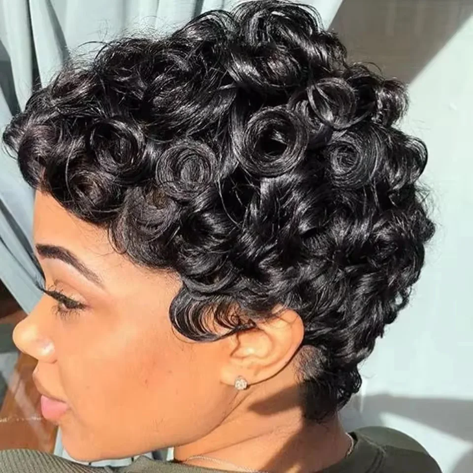 مجعد عابث قطع شعر مستعار للنساء أسود الطبقات قصيرة عابث قطع خصلات الشعر المستعار الإنسان البرازيلي عابث قطع آلة صنع 100% باروكة من شعر طبيعي