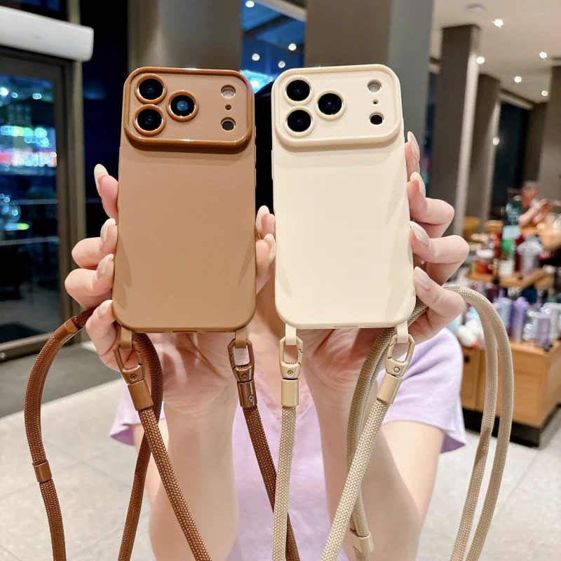 Luxury Large Window Diagonal Hanging Rope for iPhone 13 14 15 16 17 Pro Max Anti Drop Candy Colored TPU Soft Protective Cover