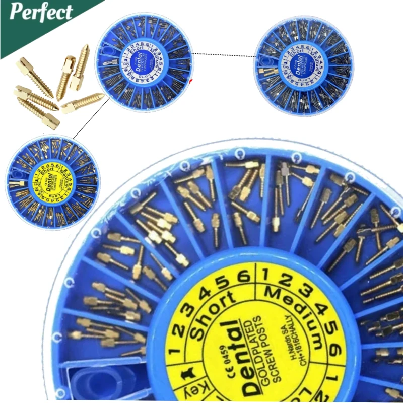 

120 шт./кор., стоматологические эндодонтические конические винтовые стойки, эндодонтические штифты для корневых каналов, позолоченные винтовые штифты, аксессуары для стоматологических инструментов