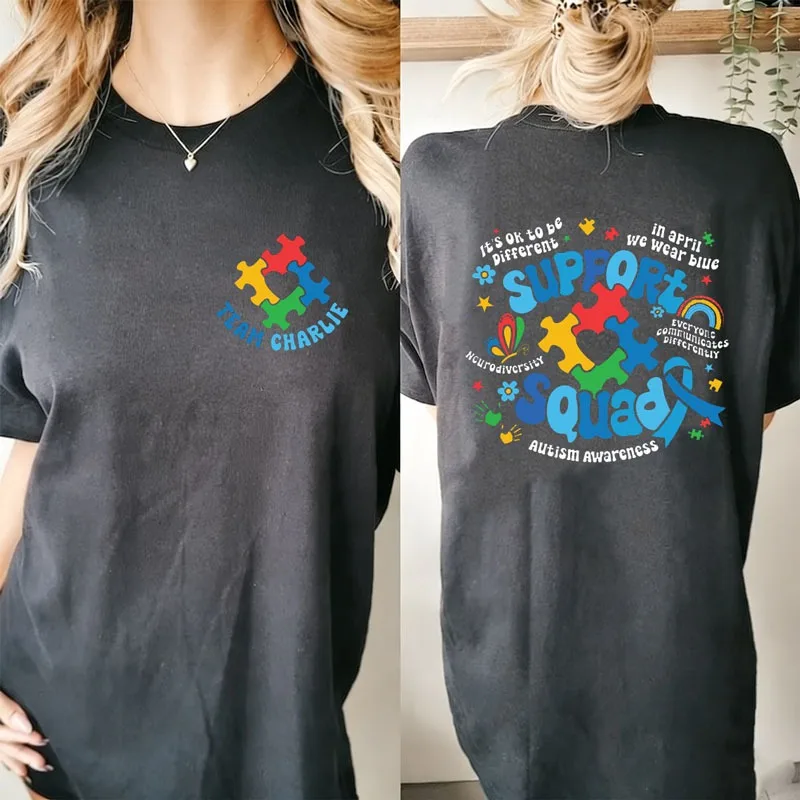 パーソナライズされた自閉症啓発シャツ、家族自閉症サポートチーム、自閉症ママシャツ、神経多様性シャツ、インクルージョンTシャツトップス