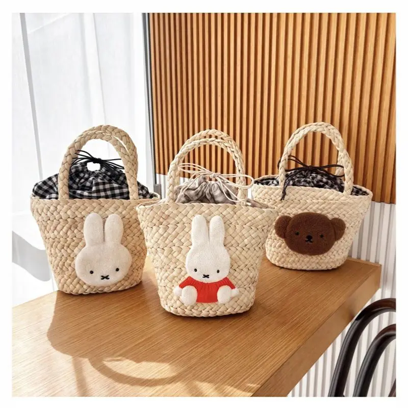 Cartoon Kawaii Straw Weaving Handbag Storage Bag Drawstring Exquisite Workmanship Convenient Cute Playful Design Simple Miffy