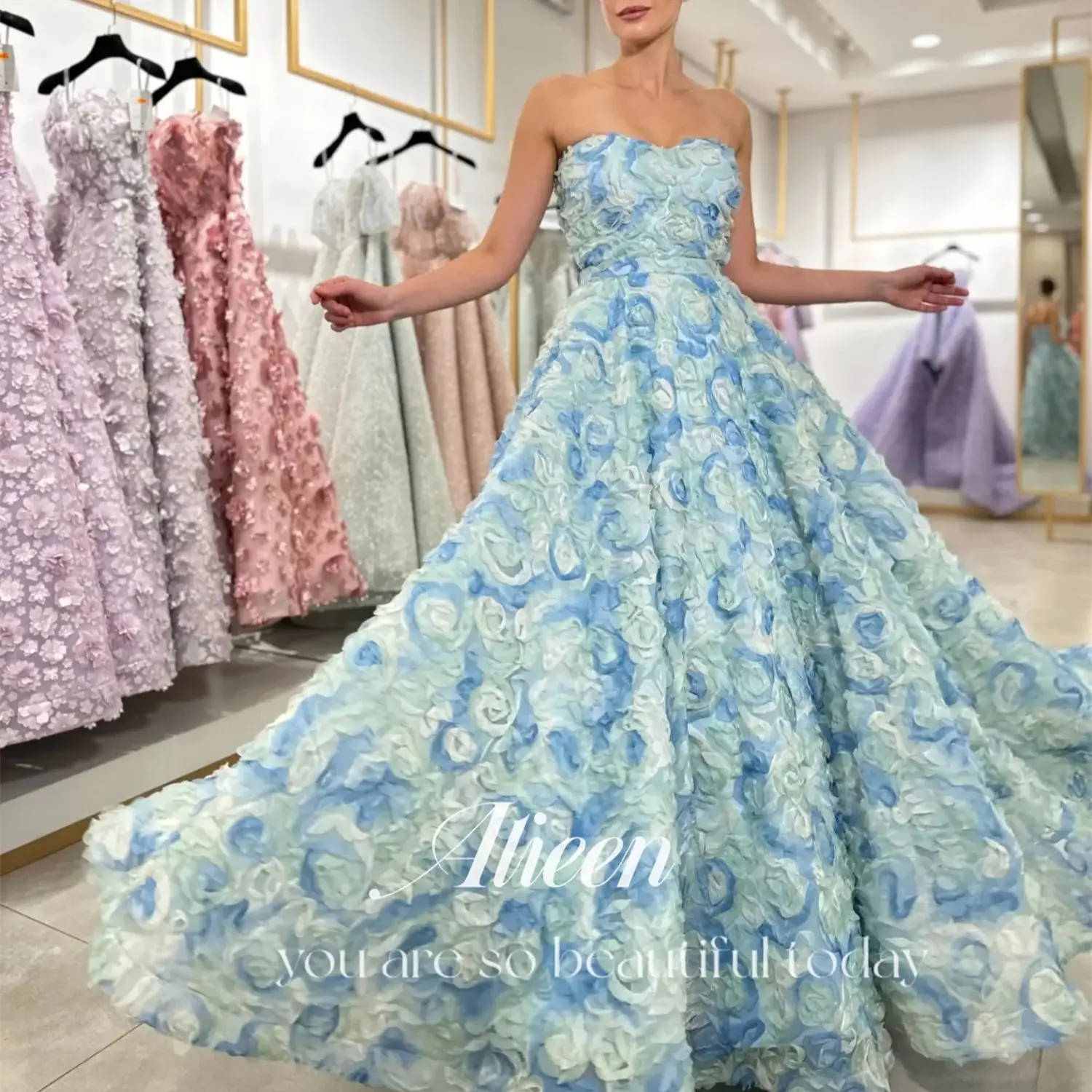 

Aileen Customized 3D Flowers Lace A-line Blue Formal Dresses Woman Wedding Party Dress Robe Soiree De Luxe 2024 Ball Gowns Gala